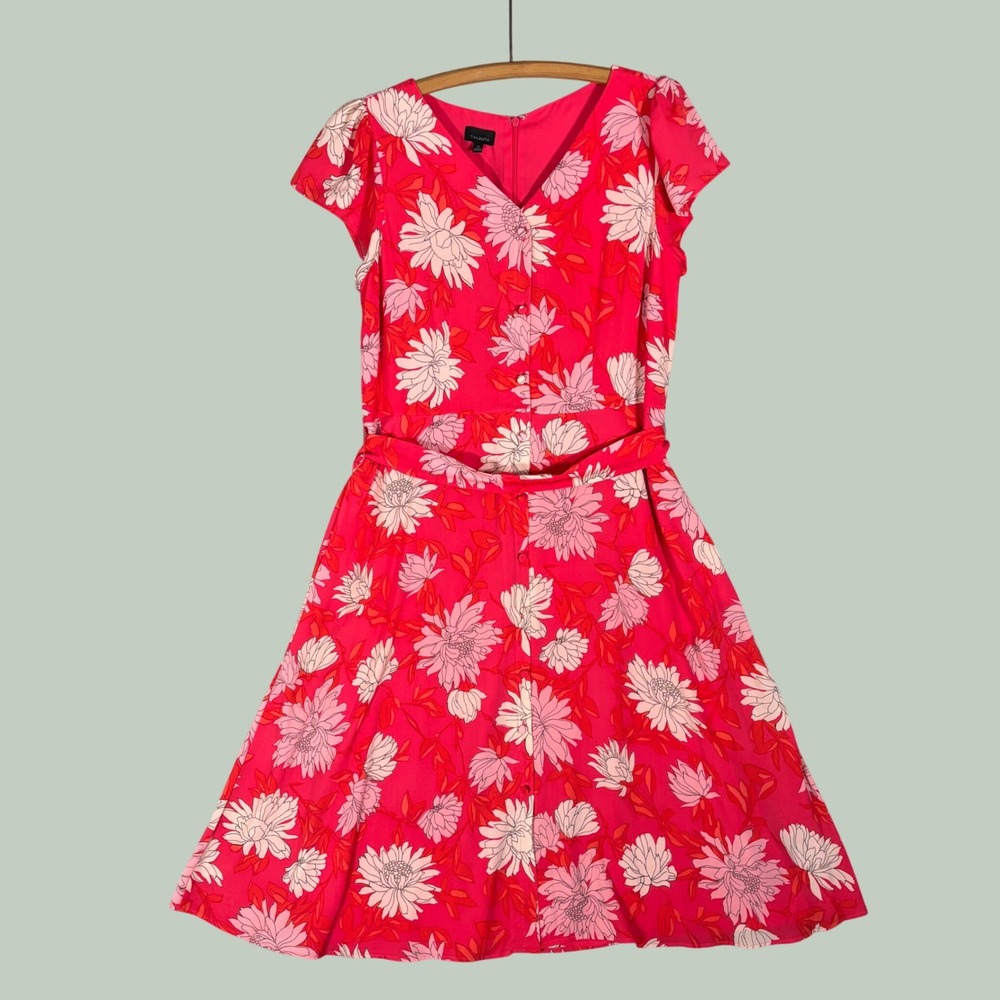 Talbots Pink Floral V-Neck Fit and Flare Dress Size 14 Cap Sleeve Belted